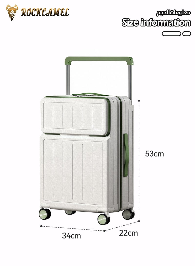 ROCKCAMEL 20-Inch Wide Handle Carry-On Luggage, Front Open Suitcase with USB Port, Hooks & Cup Holder, Built-Laptop Compartment, Large Capacity Luggage for Student Travel, Business Trips (White & Green) - Image 4